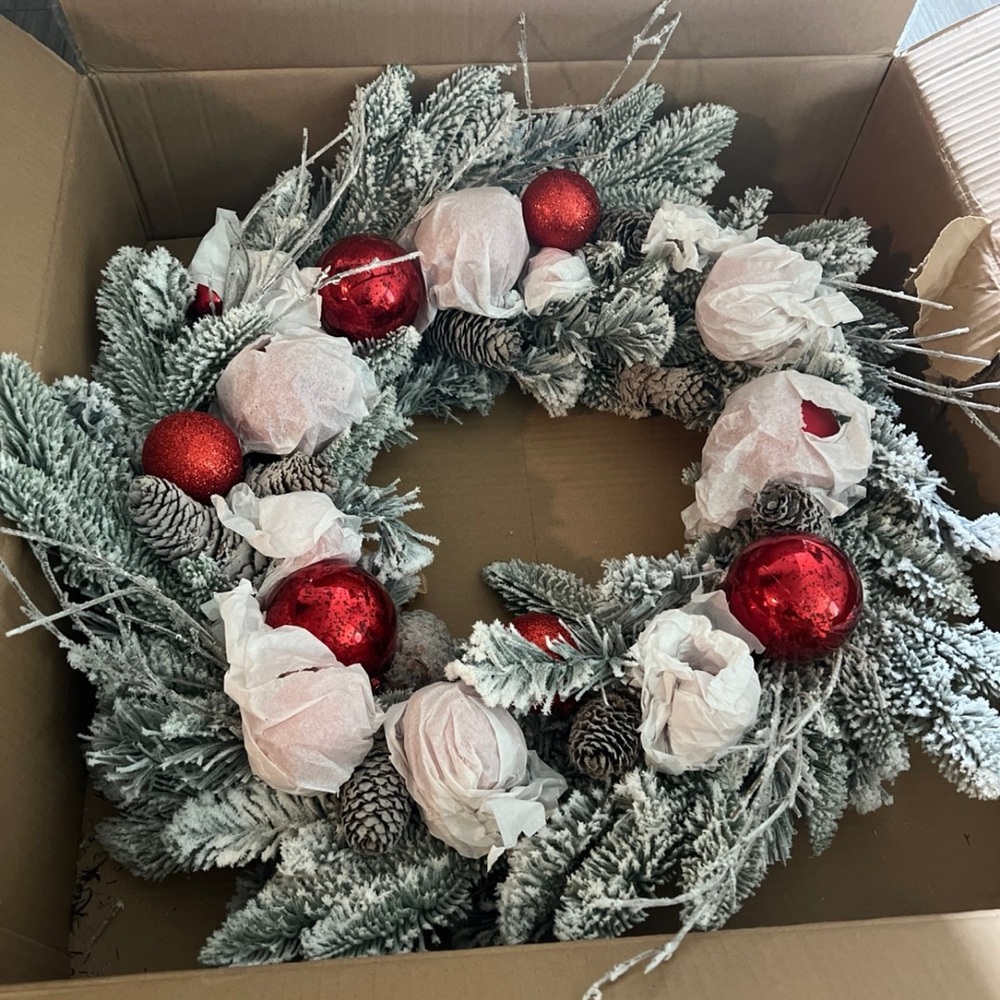 Lit Faux Frosted Pine and Ornaments Wreath